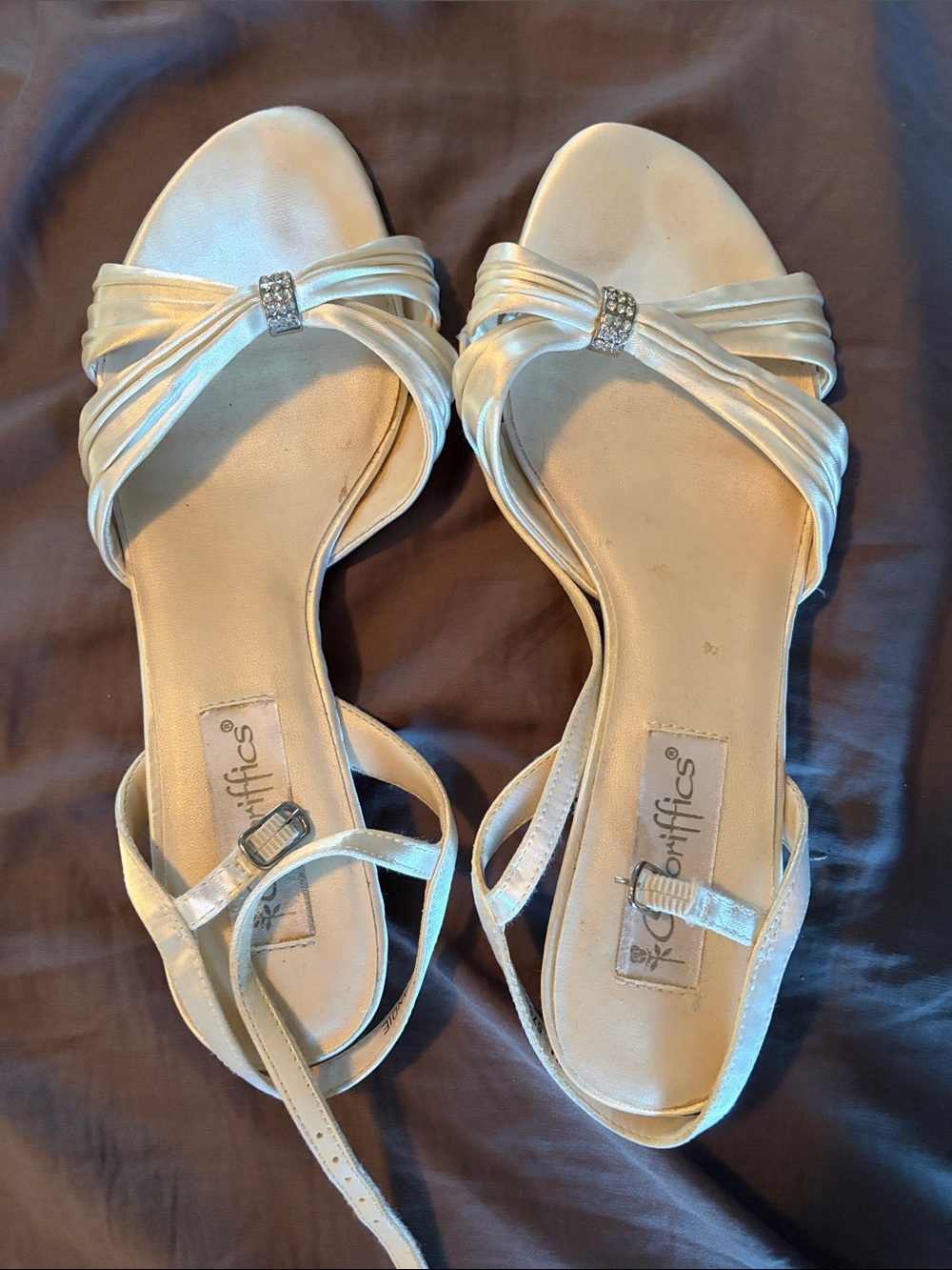 Ivory Satin Rhinestone Accent Heeled Sandals